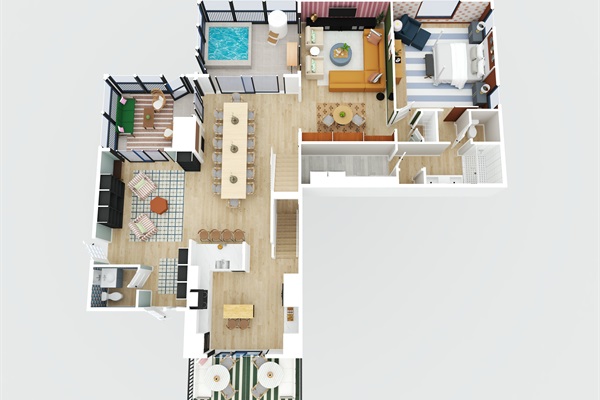 Let us initially give you an overview 3D layout of the first floor, and each consecutive picture will tour you through the first level. A second 3D layout of the second floor awaits you for the same tour upstairs.