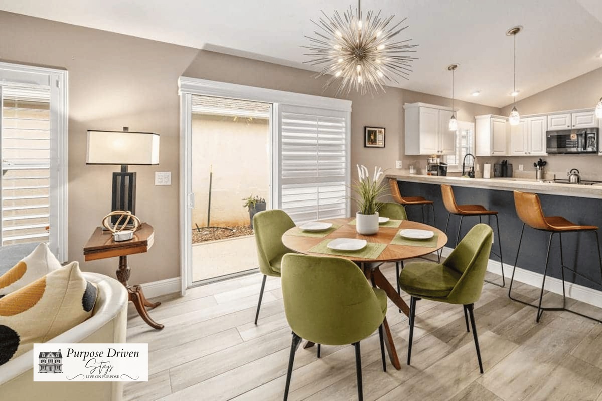 Dining table with seating for 4 and barstools if you prefer or need extra seating.