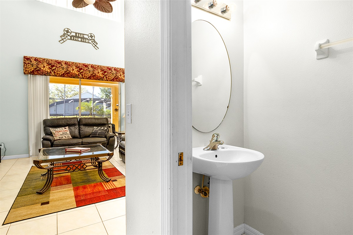 The powder room is just off the great room.