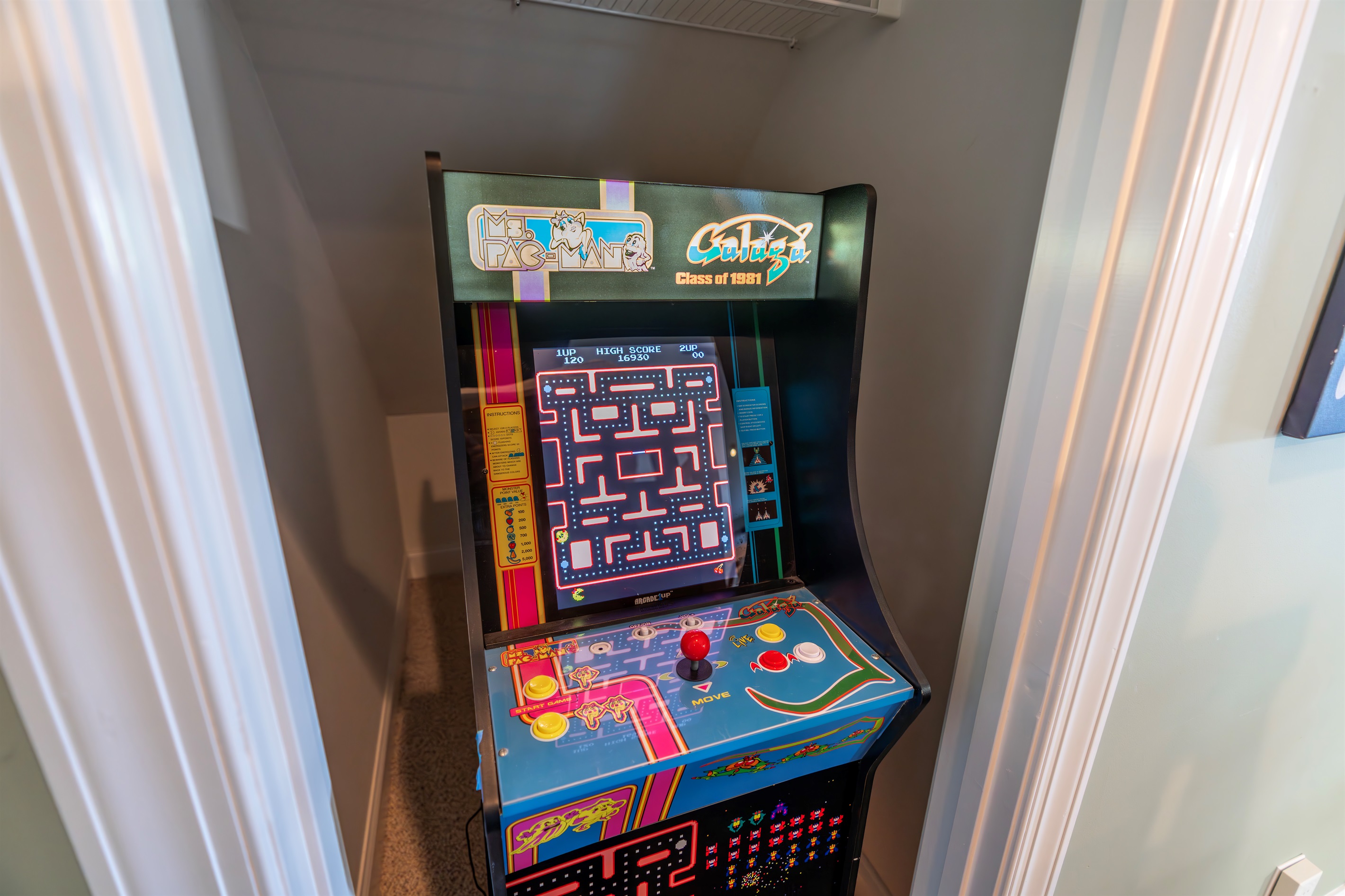 Ms. Pac-Man meets Galaga in this vintage-style arcade cabinet. Easy to play, hard to walk past—nostalgic fun for all ages