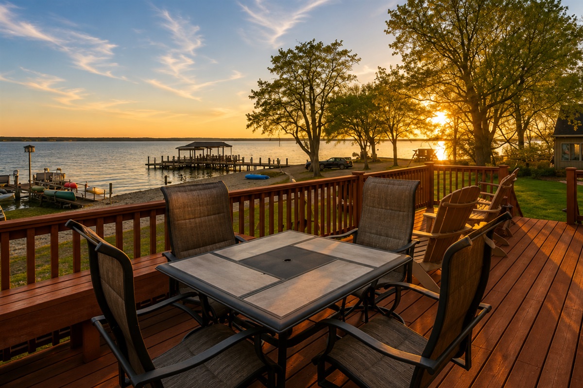 Enjoy breathtaking lake views from the spacious deck, ideal for relaxing and dining. 🚤🌅🪑