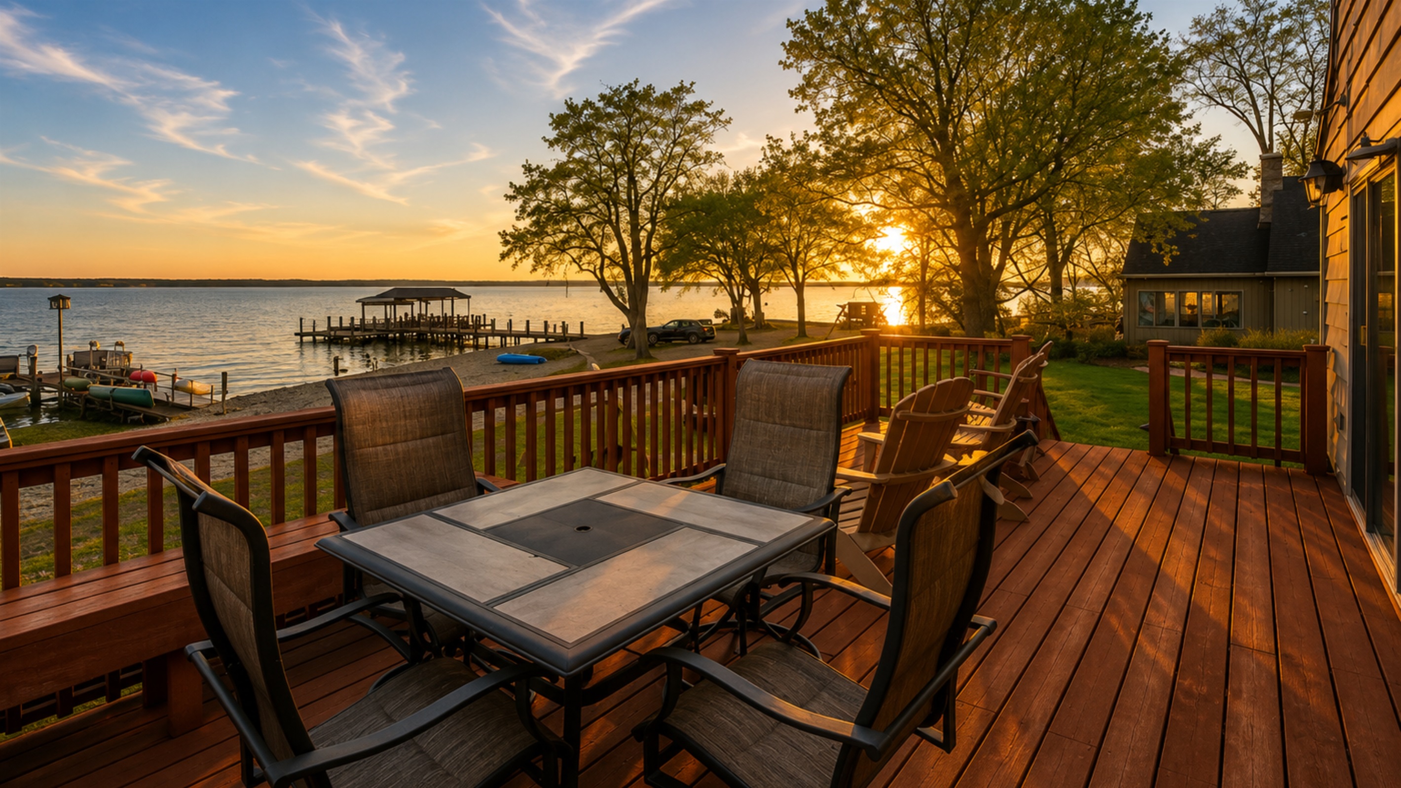 Enjoy breathtaking lake views from the spacious deck, ideal for relaxing and dining. 🚤🌅🪑