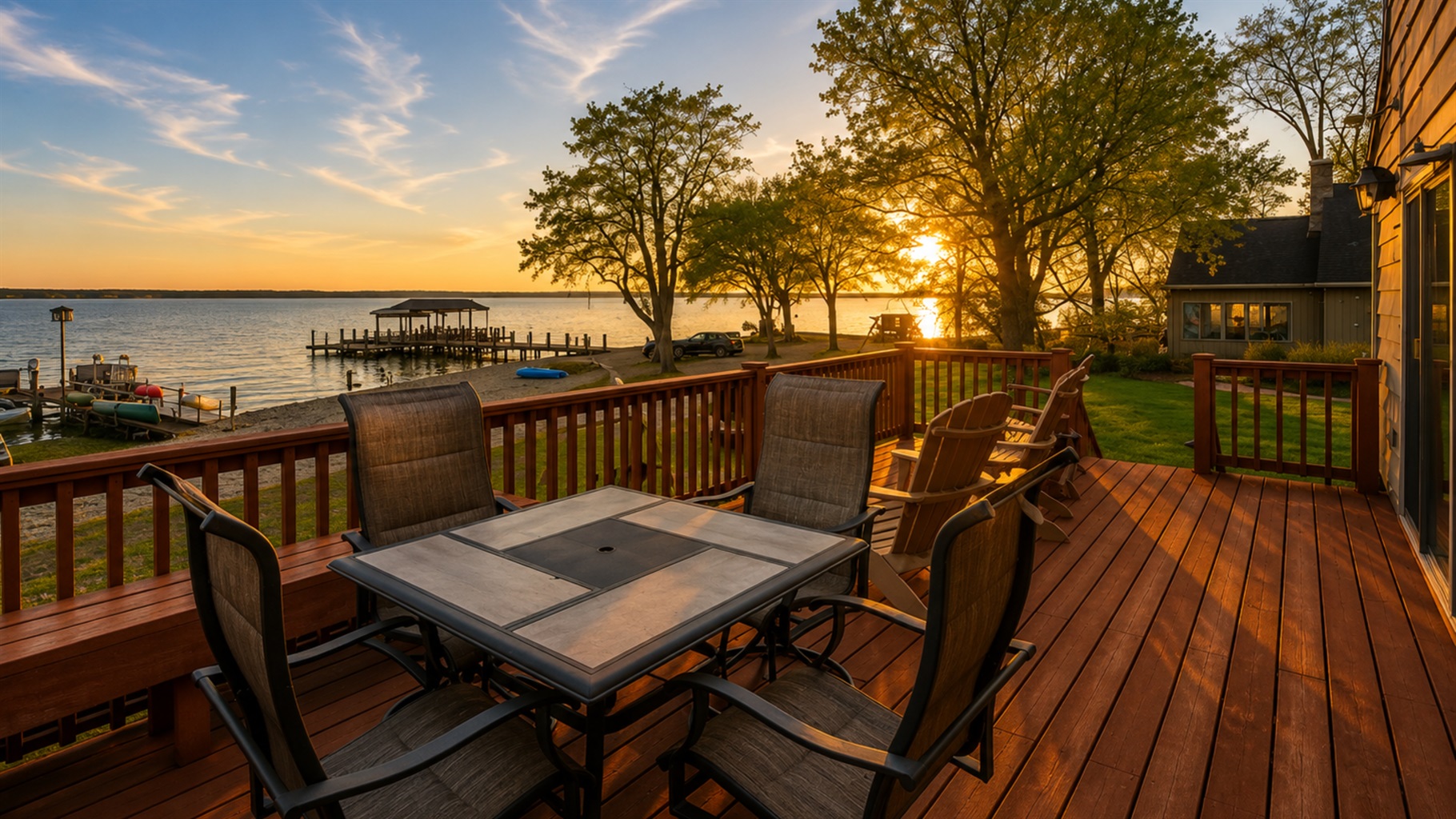 Enjoy breathtaking lake views from the spacious deck, ideal for relaxing and dining. 🚤🌅🪑