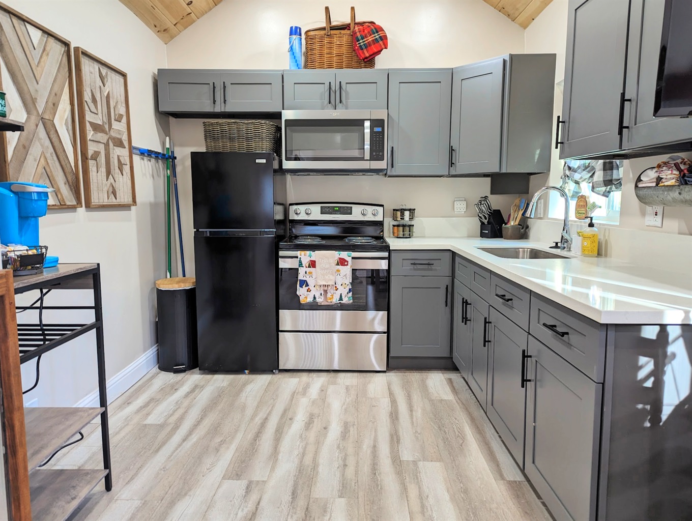 You will have a fully equipped kitchen for your use! It has a stove, oven, sink, refrigerator, microwave and keurig for your use!  It's stocked with cooking utensils, pots and pans, plates, bowls, glasses, silverware, etc.  