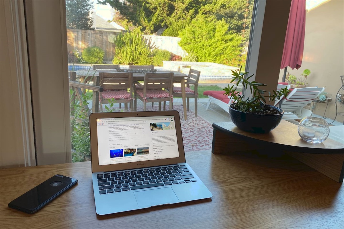 Desk overlooking pool/backyard