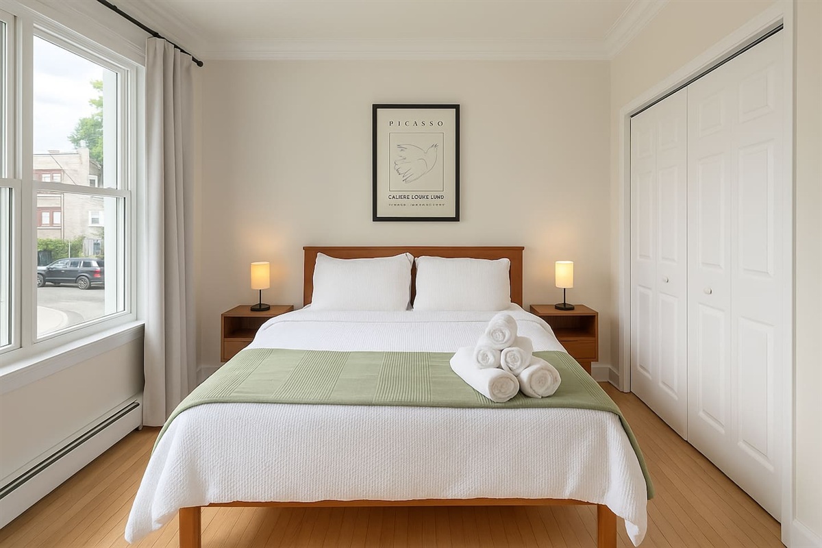 Calm, clean bedroom designed for real rest after full Chicago days.