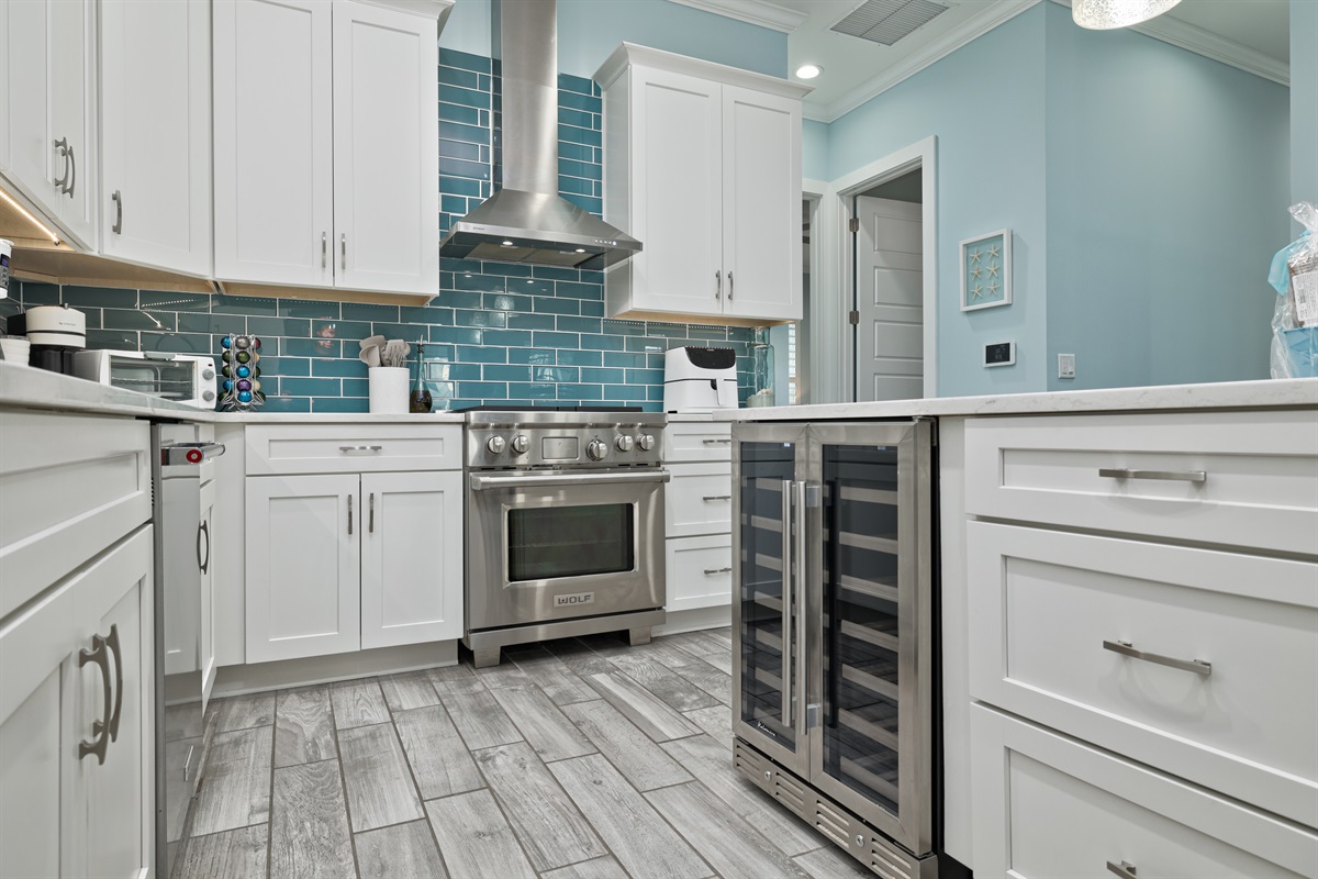 Wolf gas stove and wine cellar