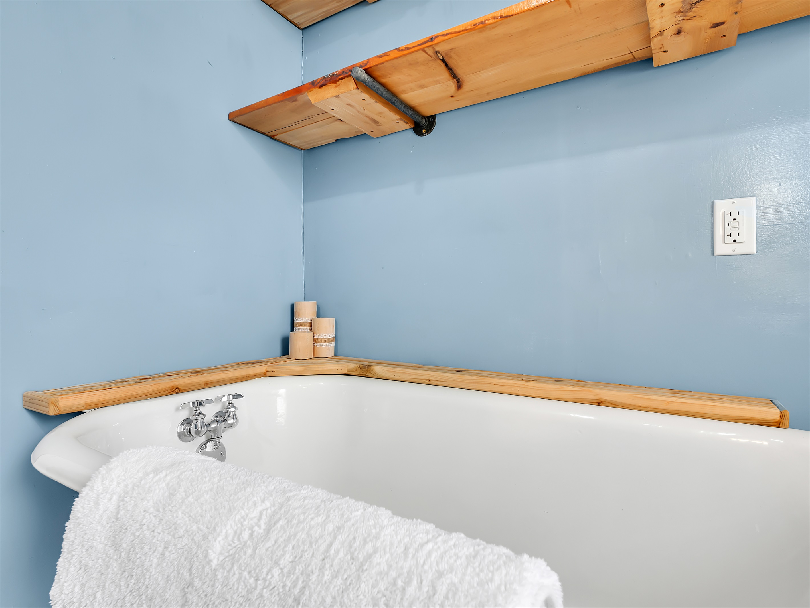 Custom made shelving around tub