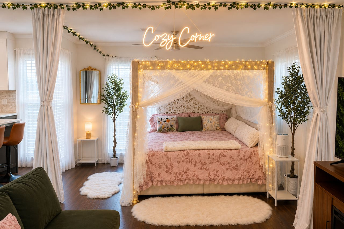 Cozy Corner right next to the living room! It can be used as an optional sleeping area (curtains close for full privacy) or it can just be a lounge area to read a book and get cozy!