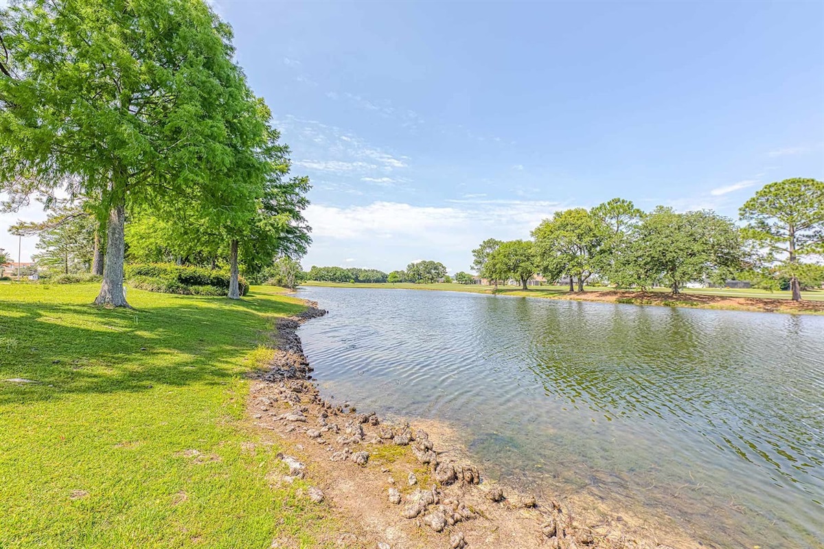 Scenic Waterfront Retreat: Relax by the shimmering lake surrounded by lush greenery and sunshine!