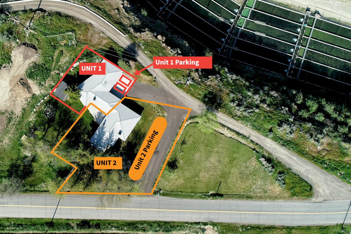 Property layout and parking — Unit 1 and Unit 2 entrances marked for easy arrival