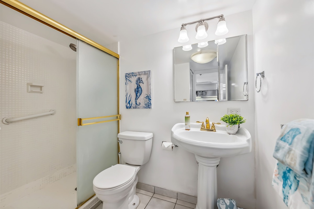 Bathroom has a walk in shower with handrails for additional safety