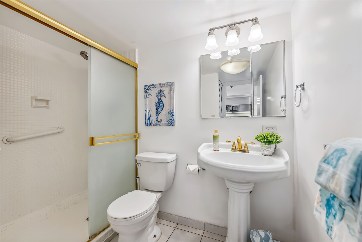 Bathroom has a walk in shower with handrails for additional safety