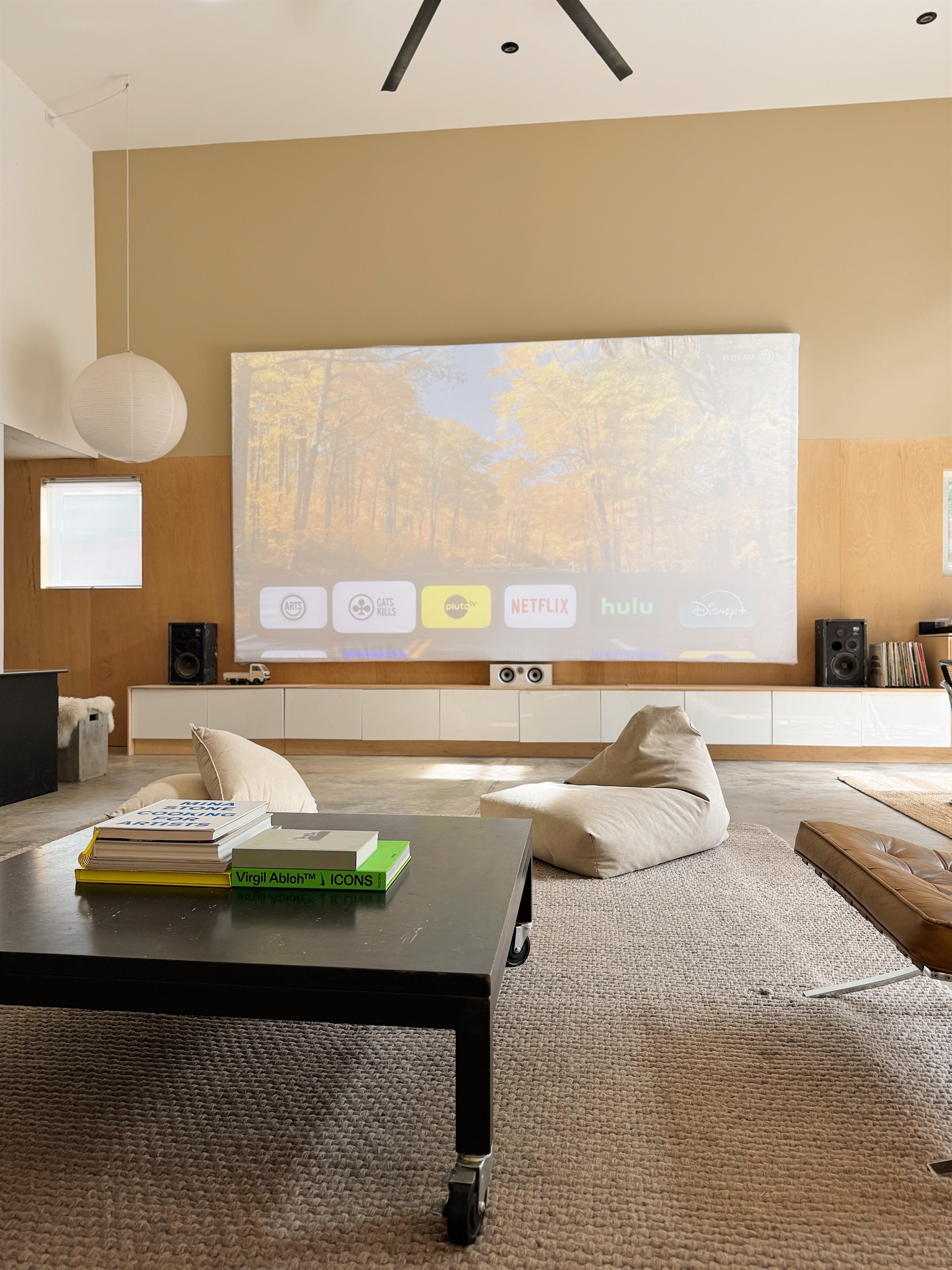 Living room area with projector screen.