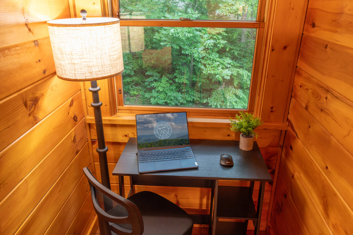 The private workspace with a peaceful view provides a calming workplace away from home.