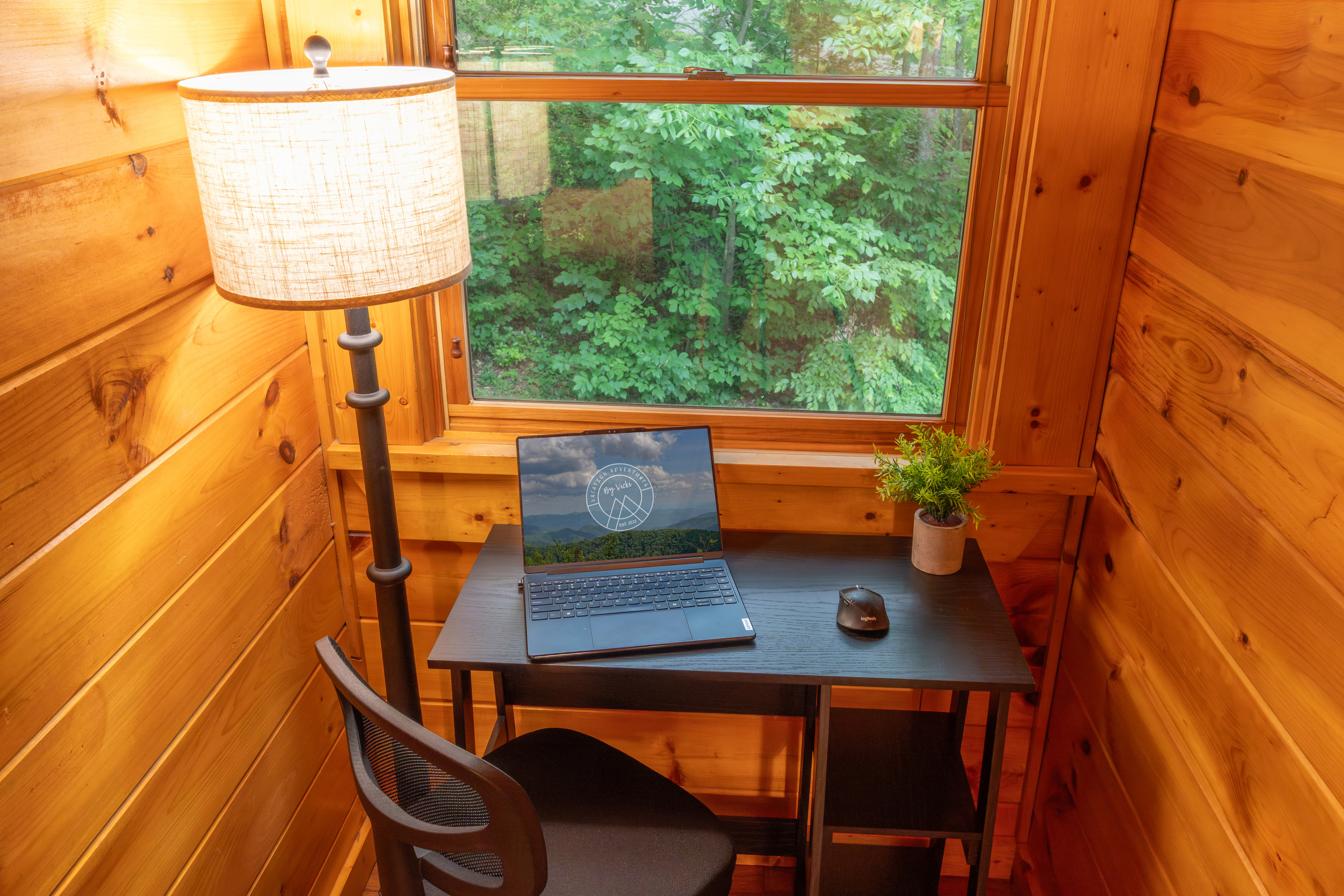 The private workspace with a peaceful view provides a calming workplace away from home.
