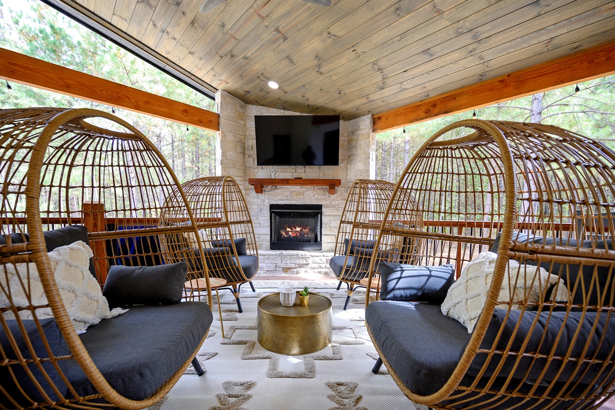 The ultimate hangout spot. Watch a movie, share stories by the fire, or simply relax in your private outdoor living room among the trees.