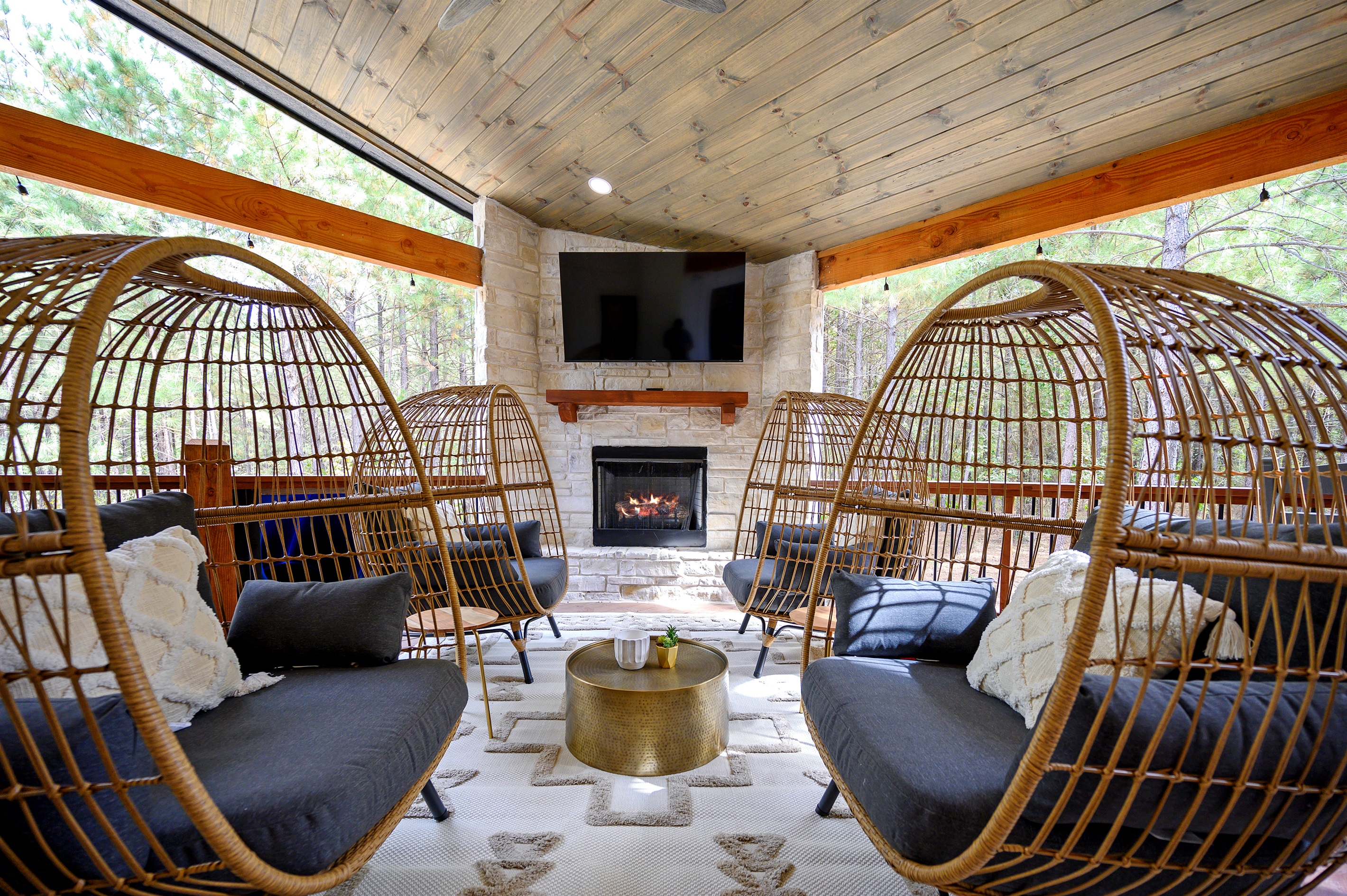 The ultimate hangout spot. Watch a movie, share stories by the fire, or simply relax in your private outdoor living room among the trees.