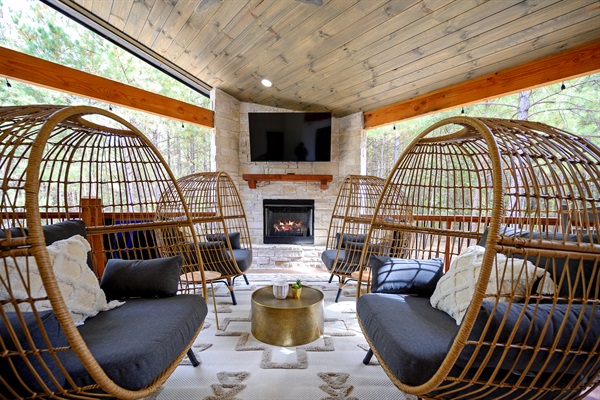 The ultimate hangout spot. Watch a movie, share stories by the fire, or simply relax in your private outdoor living room among the trees.