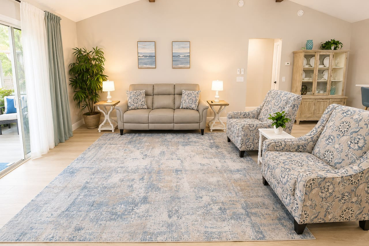 Relax beneath soaring vaulted ceilings with exposed wood beams in this bright, open living room featuring comfortable seating, stylish décor, and a large Smart TV—perfect for unwinding after a day in The Villages.