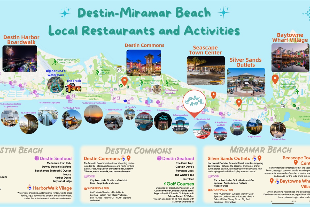 Costa Del Sol is centrally located and offers easy access to all the awesome shopping, dining, and attractions that Destin and Miramar Beach have to offer!
