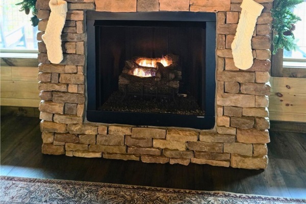 The cabin is decorated for the holidays - main floor living room