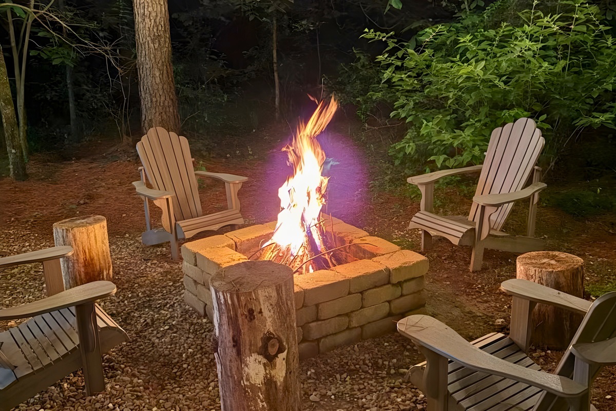 Gather around the firepit for cozy nights under the string lights