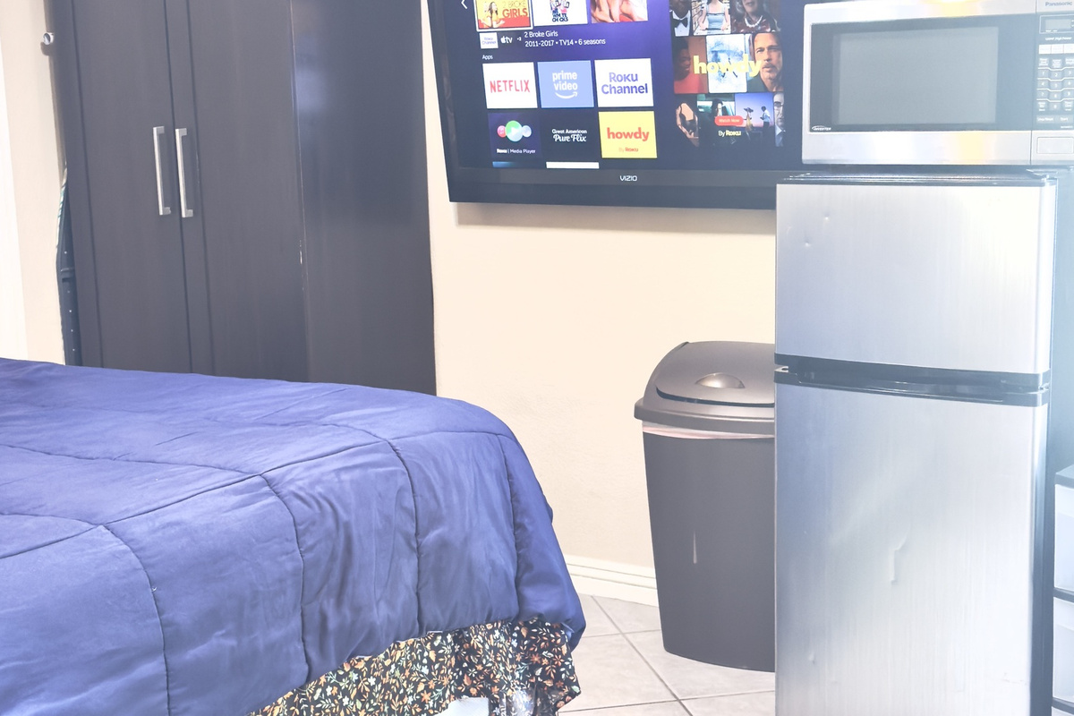 Fully equipped mini kitchen — stainless mini fridge and microwave included
