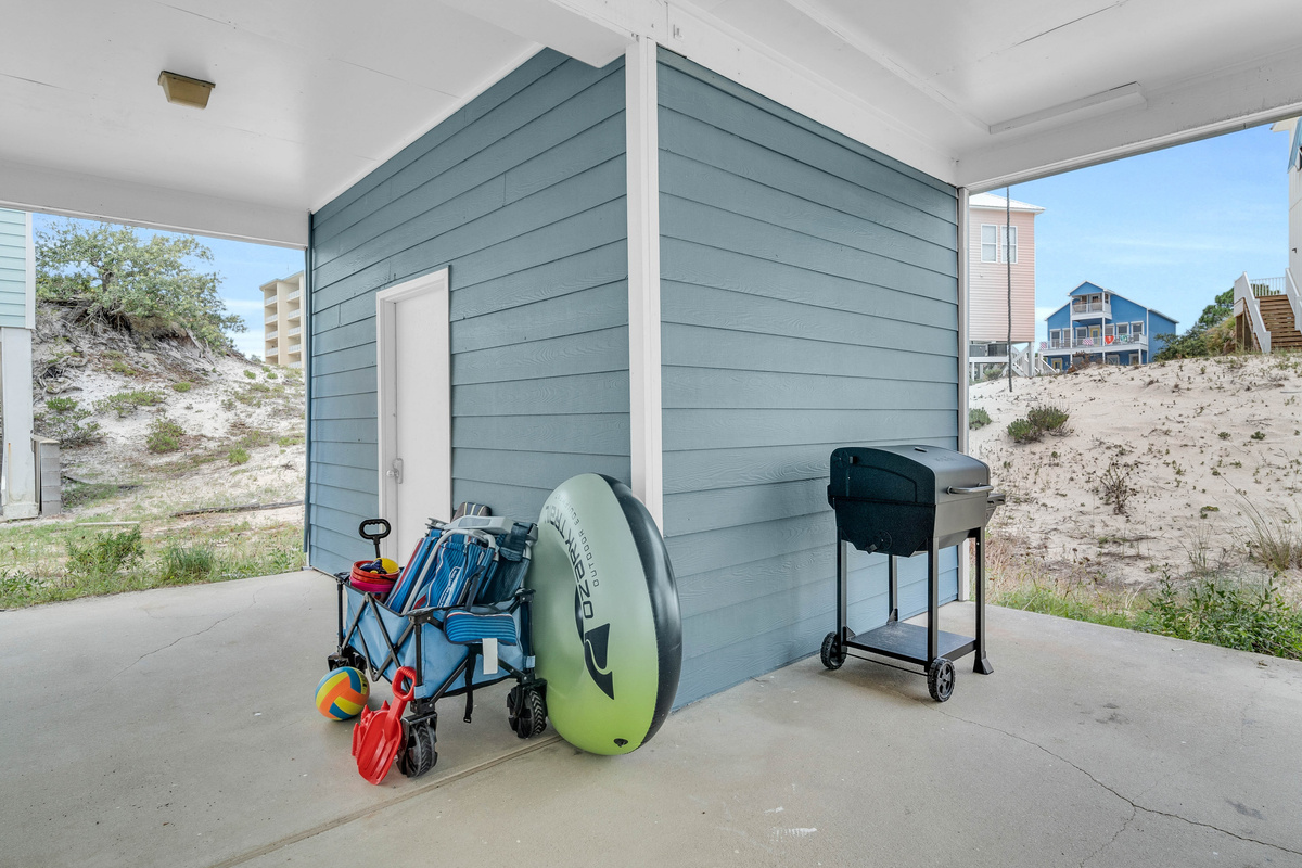 Beach cart and supplies, charcoal grill