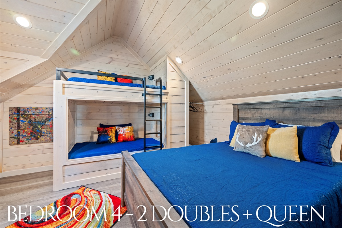 Bedroom 4 with bunk beds (two doubles plus queen) perfect for kids or groups.