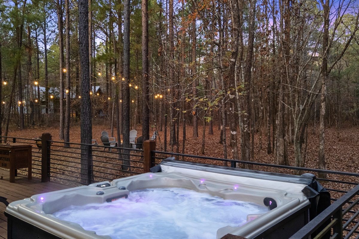 As the lights come on in the evening, the hot tub becomes an especially inviting place to relax and unwind.