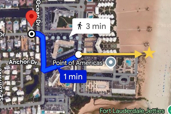 An easy, short walk on a quiet street and path to the beach. Beach supplies and a wagon are ready to go. 