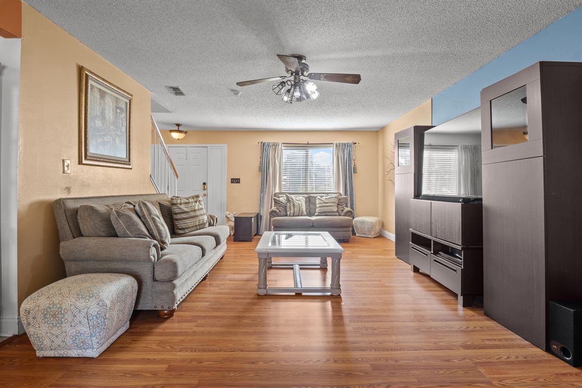 Living room. Couches. TV. Ceiling fan.