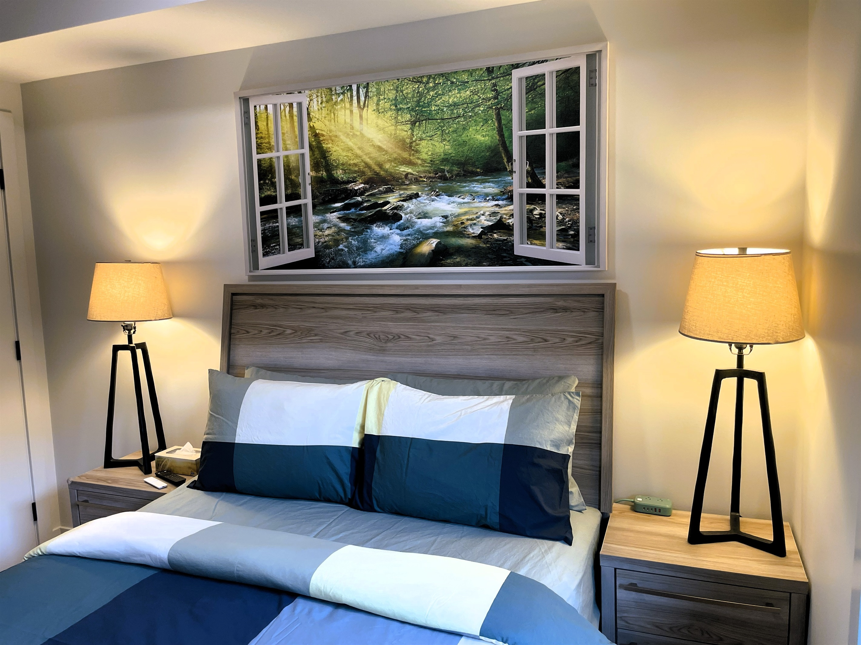 Separate main bedroom, with a queen bed, lamps, plenty of storage, including two closets, and a wardrobe. Large 55" Samsung Picture Frame TV with premium Telus TV cable, including on demand programming.  