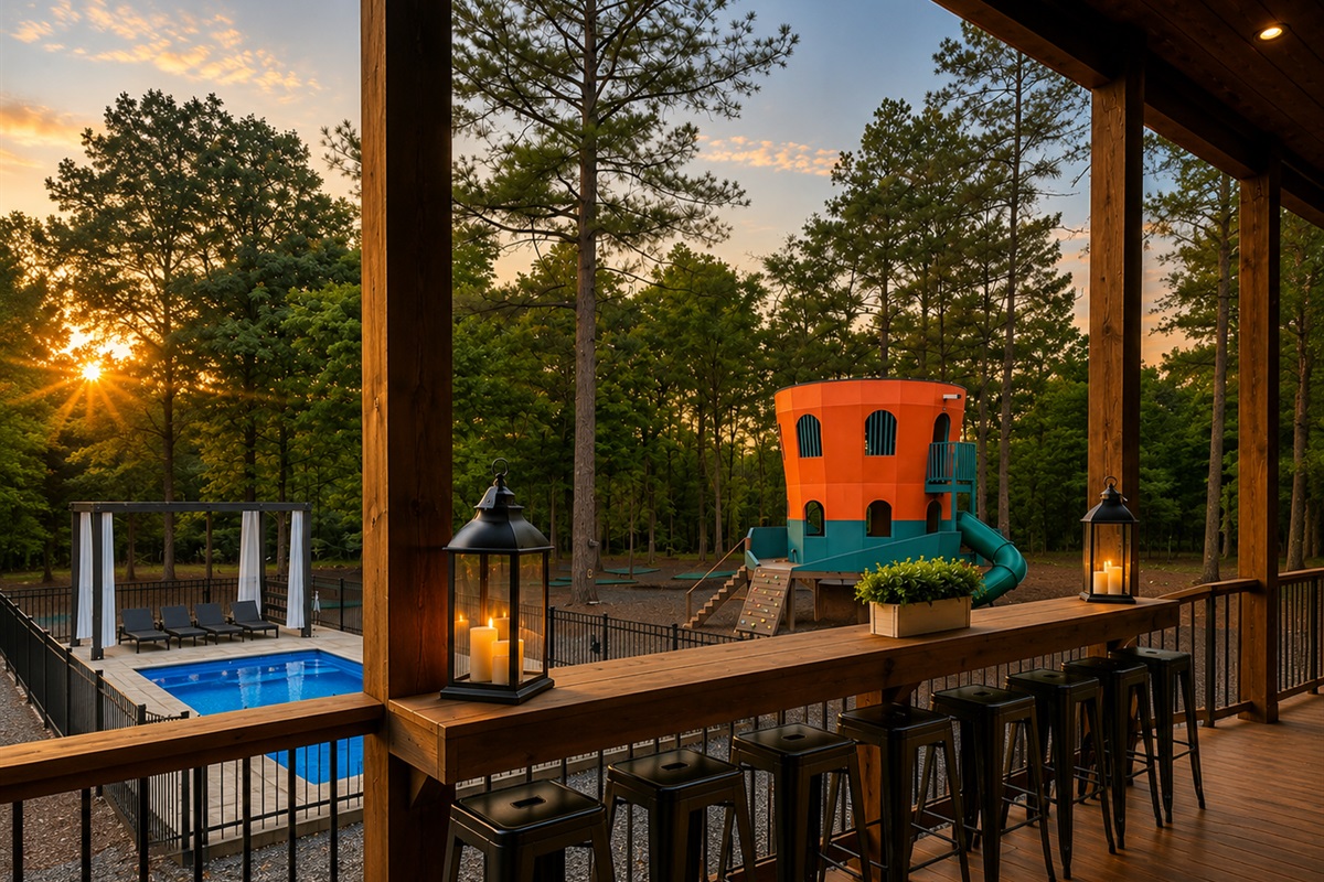 Outdoor Lounge: Sip drinks by the pool with stunning views while your kids enjoy the playhouse!