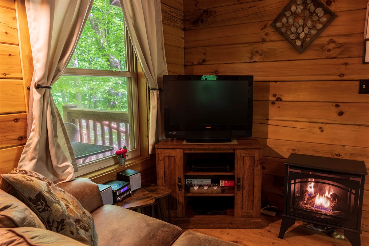 Relax around the seasonal gas fireplace!