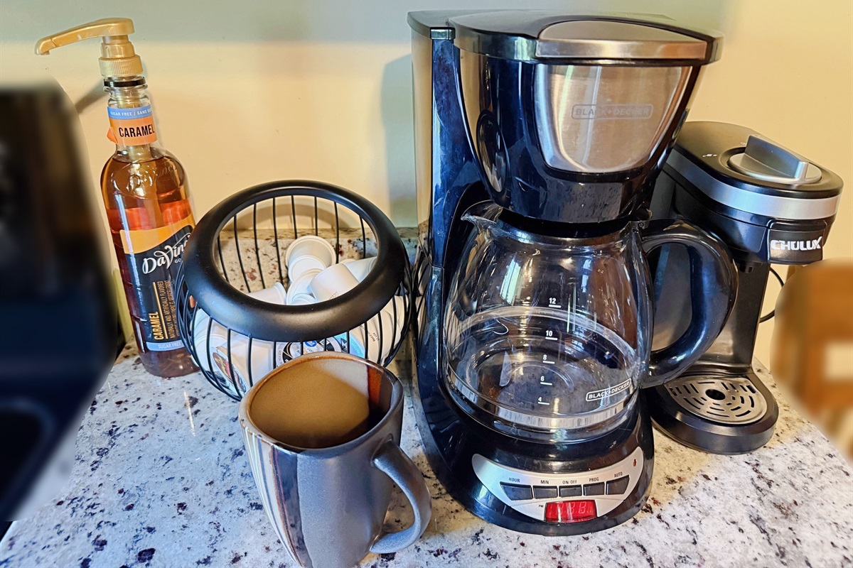 We offer both traditional and k-cup style coffee pots for your morning pick me up!