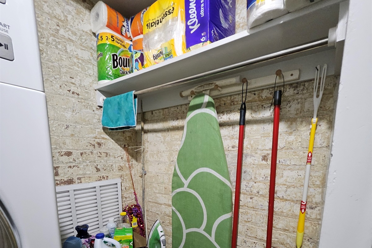 Full size ironing board, iron, spray starch, cleaning supplies (if needed)