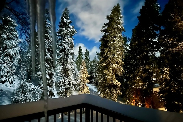 Snowy moonlit night on the back deck outside of the master bedroom.