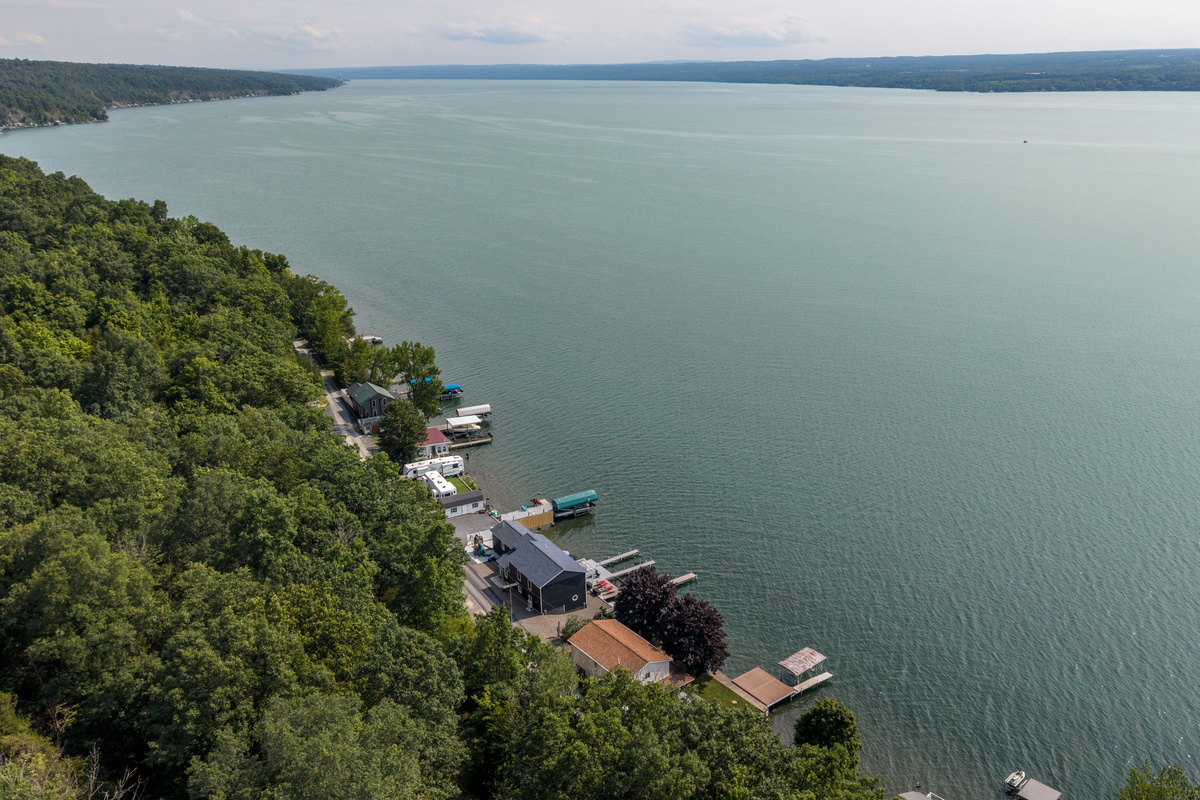 Wooded shoreline surrounding the lakefront homes