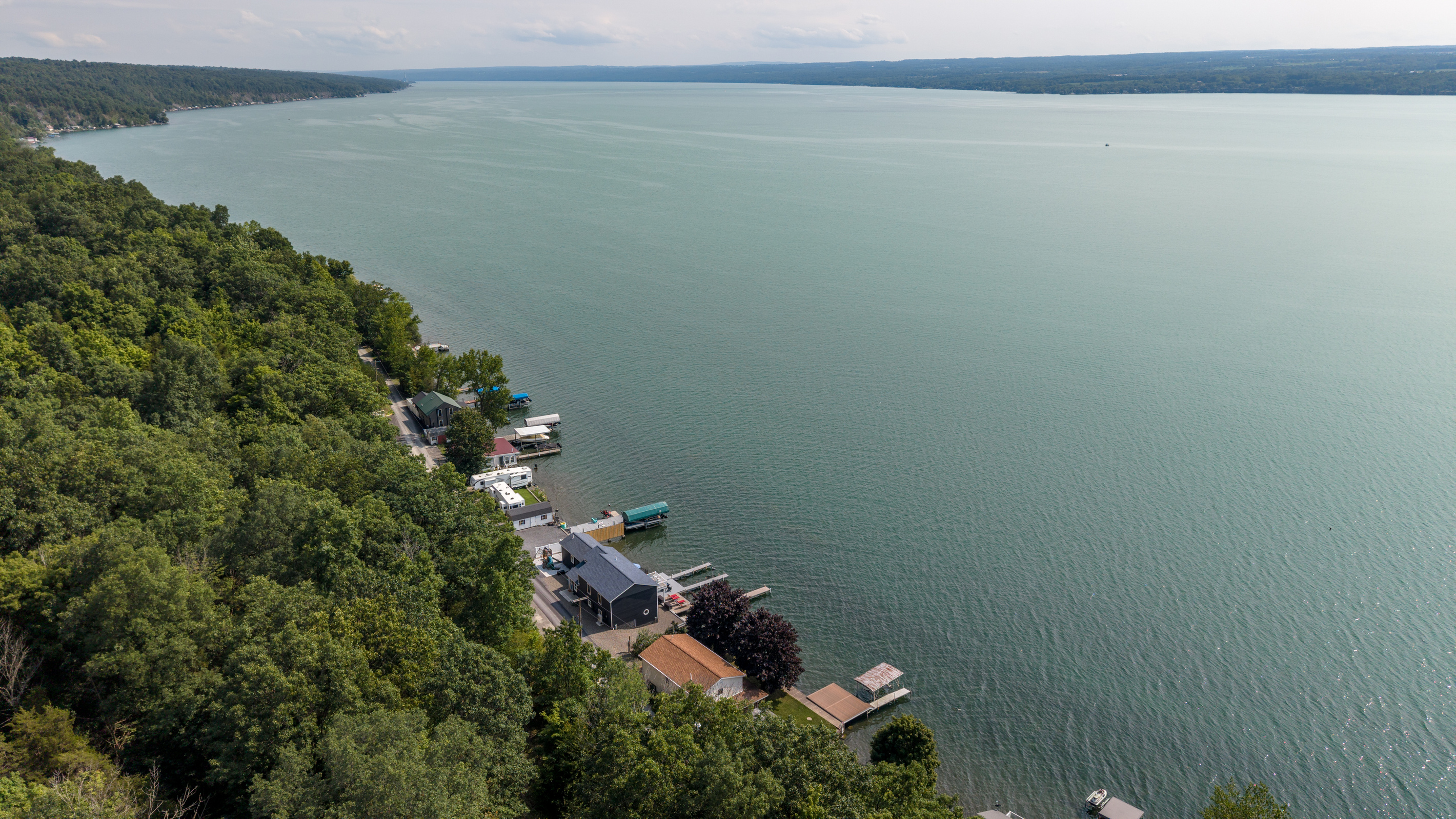 Wooded shoreline surrounding the lakefront homes