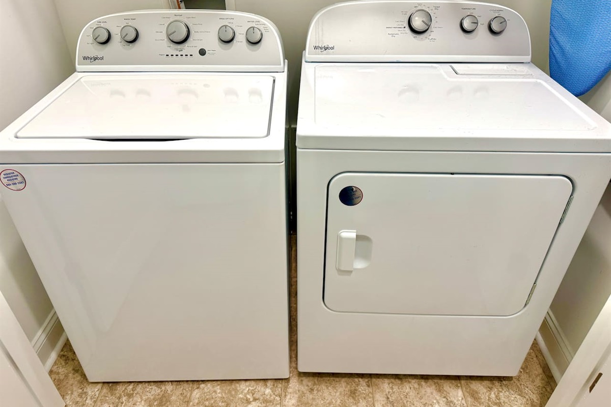 The laundry room has a full-size washer and dryer. We provide laundry detergent, dryer sheets, an iron, and an ironing board.
