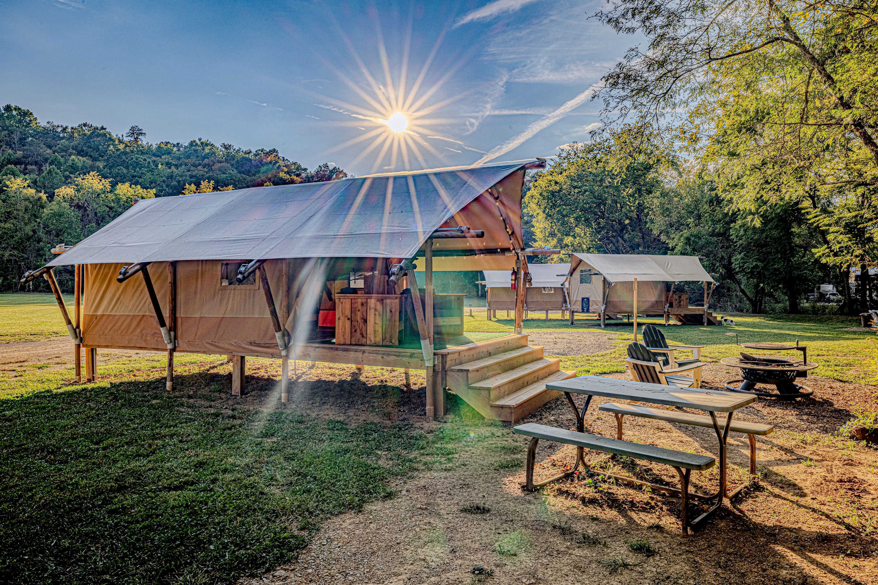 Grilling, dining, and relaxing. Your glamping experience extends far beyond the tent with this beautiful, private area for all your outdoor activities.