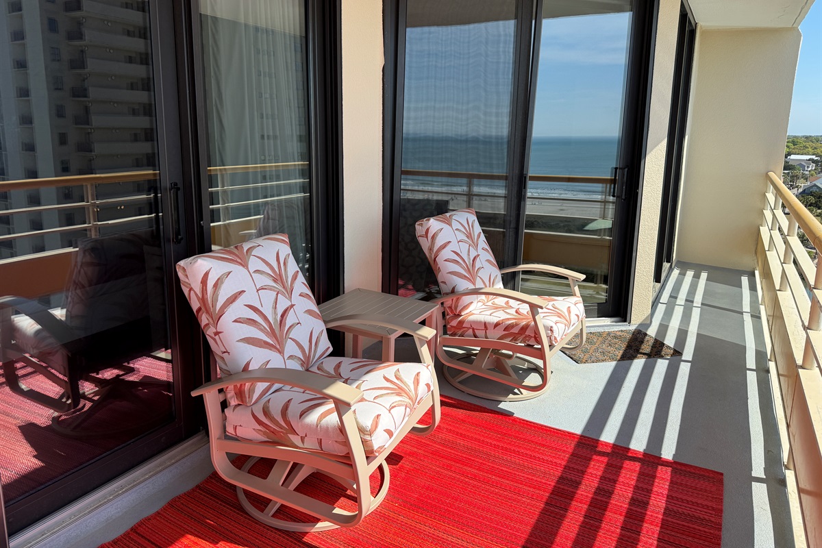 Oceanfront Balcony w/Small Sofa and Two Swivel Chairs