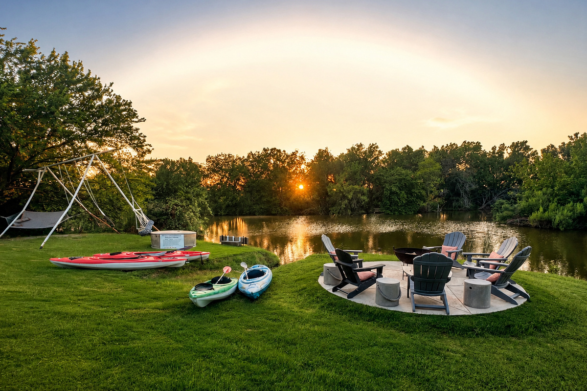 Lakefront firepit and kayaks at sunset, Lake Granbury.
