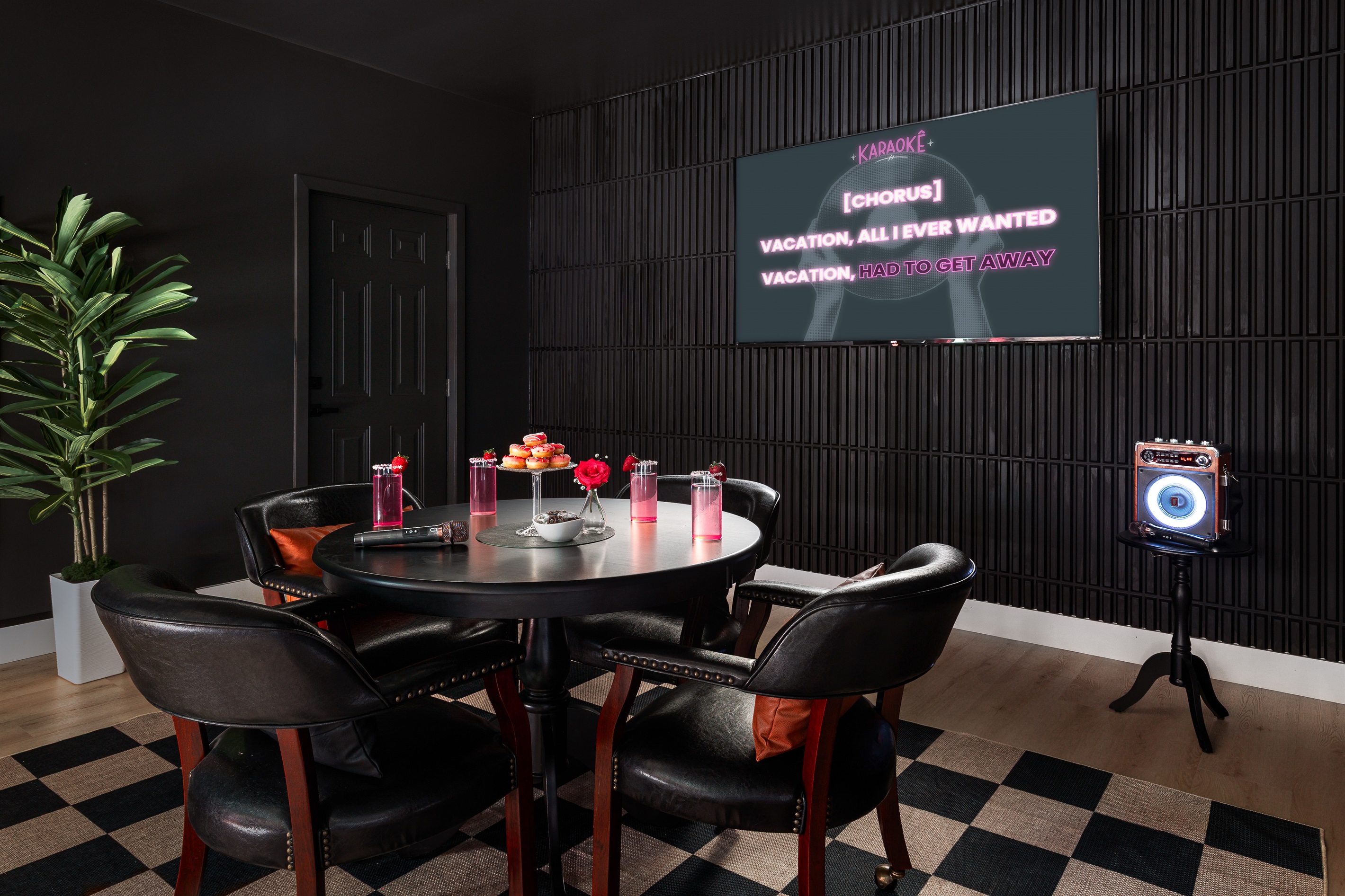 {Speakeasy Karaoke Lounge} Step into a moody, speakeasy-inspired entertainment space where cocktails, singalongs, and unforgettable memories take center stage long after the sun goes down. 🎤✨