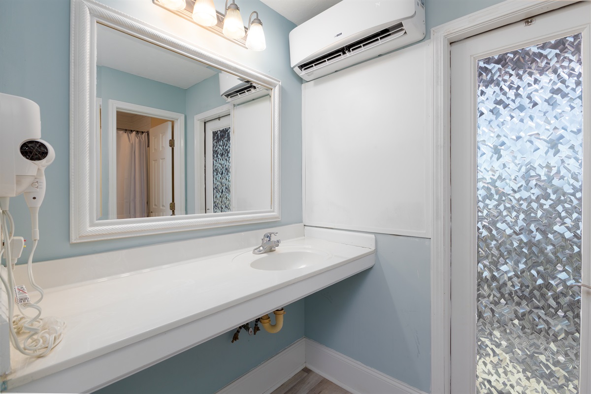 Clean vanity area with sink and hair dryer