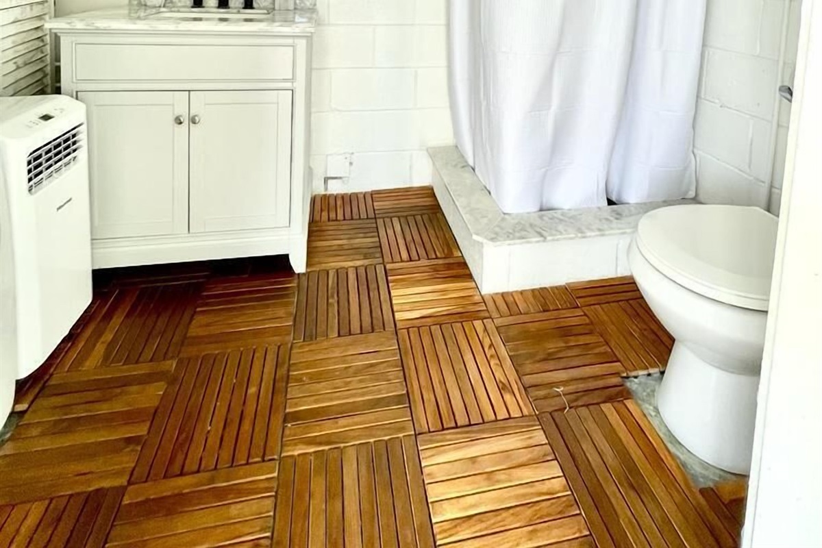 Our 'beach bathroom' as we call it, located conveniently near the patio