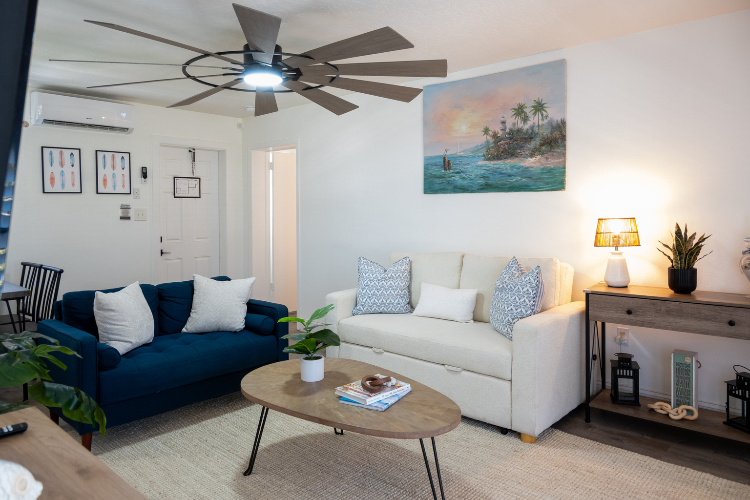Plenty of seating for four under the ceiling fan