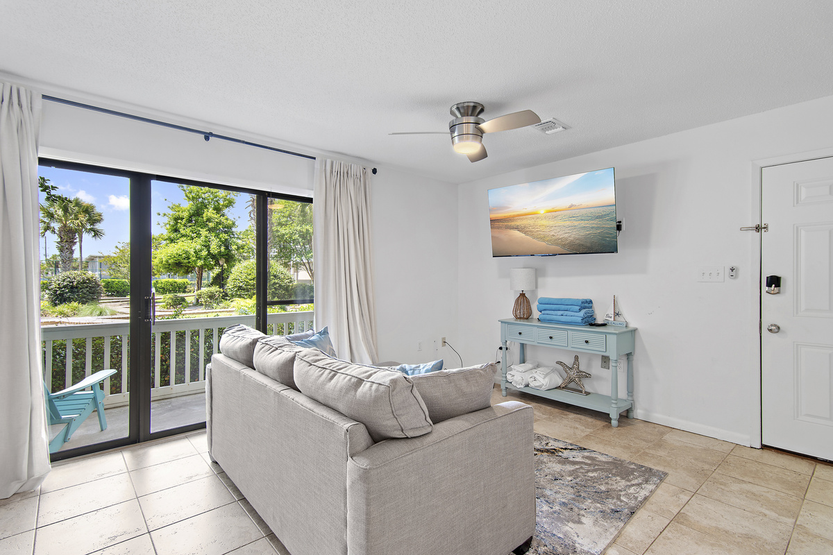 Living room, with the sliding door out to the porch